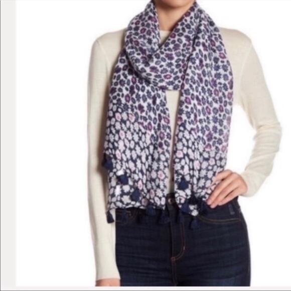 Rebecca Minkoff Blue & Pink Ditsy Floral Print Daisy Tassel Scarf Fall Luxury - Picture 1 of 8
